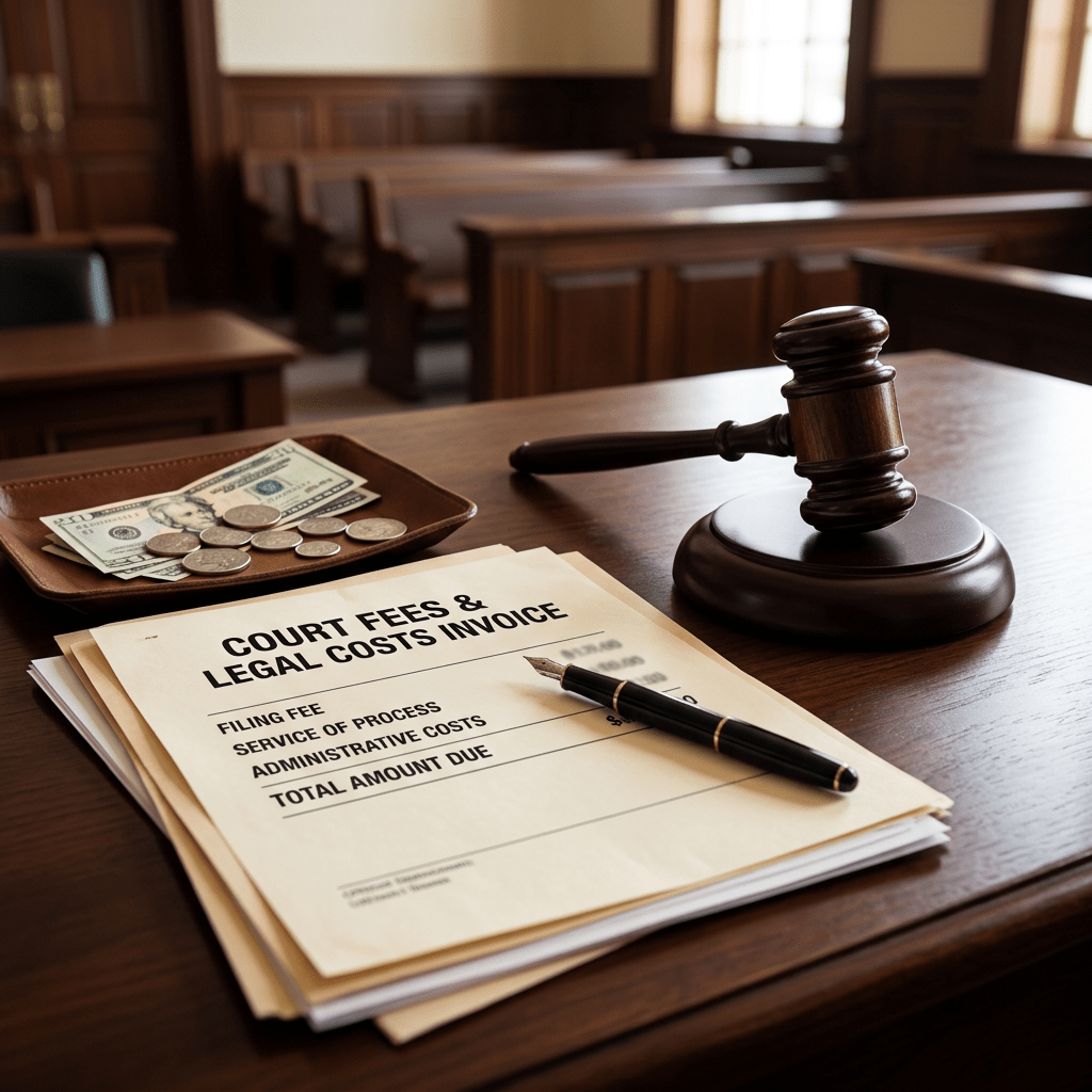 Court fees and legal costs invoice with gavel and cash on wooden desk